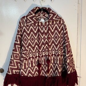 Geometric Patterned Burgundy and White Poncho